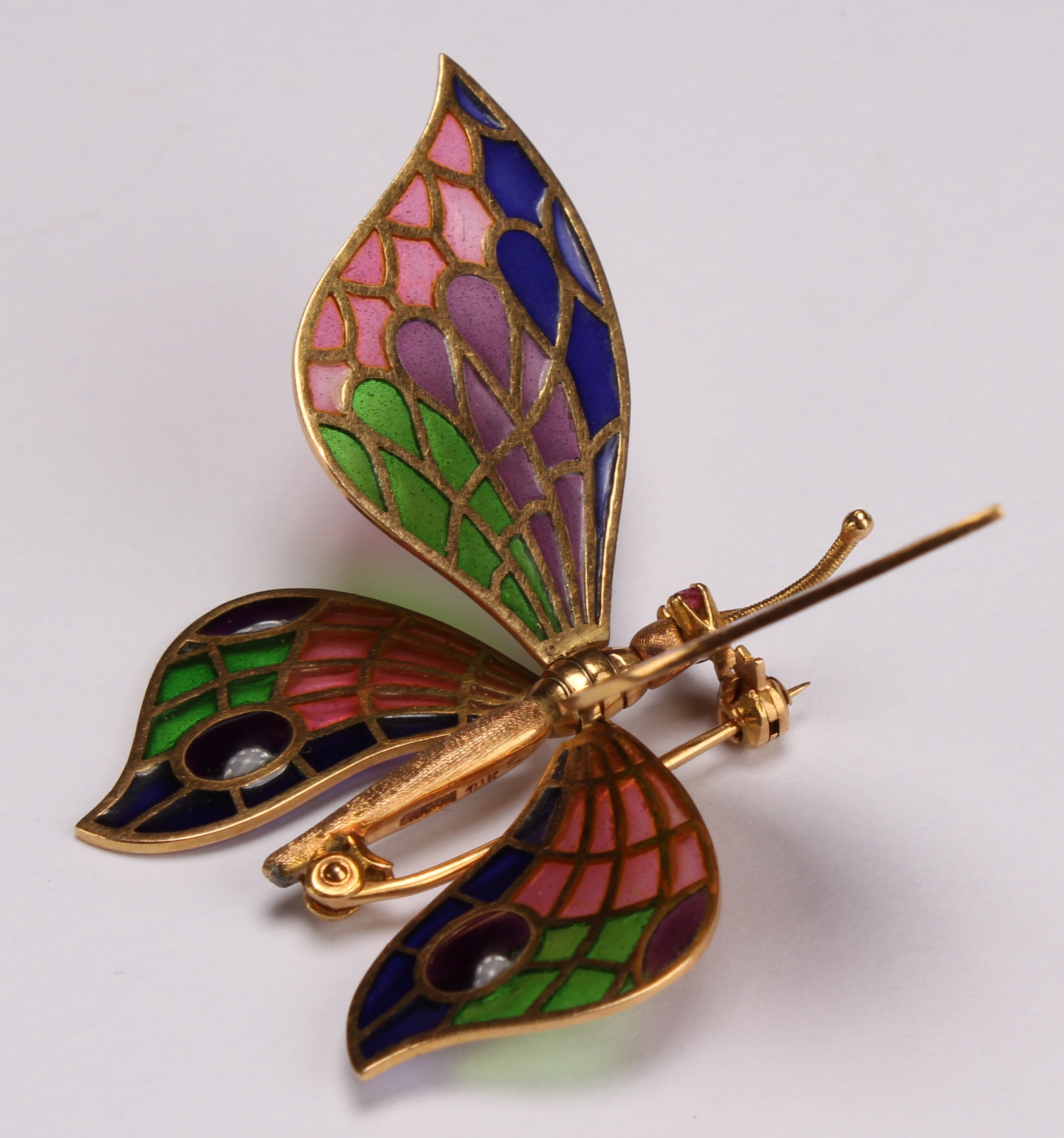 An 18ct gold and pique a jour enamel insect brooch as a butterfly, The head set with two small round - Image 4 of 7