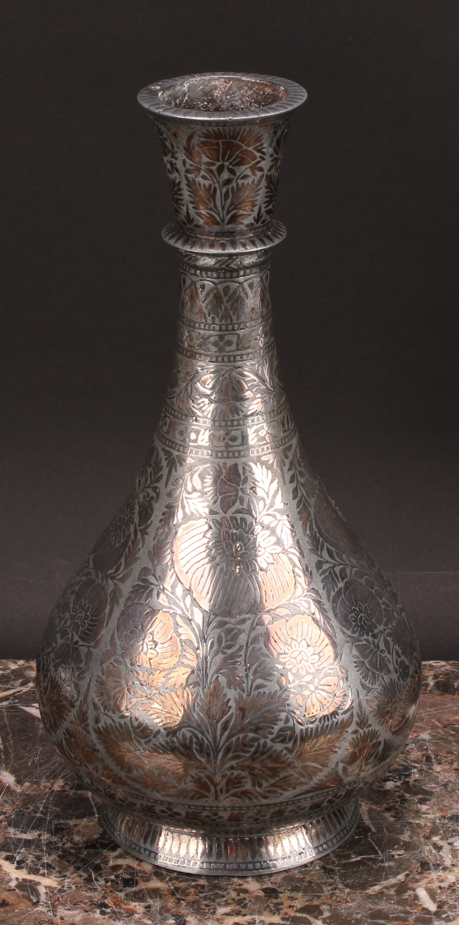 An Indian bidri baluster vase or hookah base, profusely decorated with lotus, 25cm high, 19th - Image 2 of 4