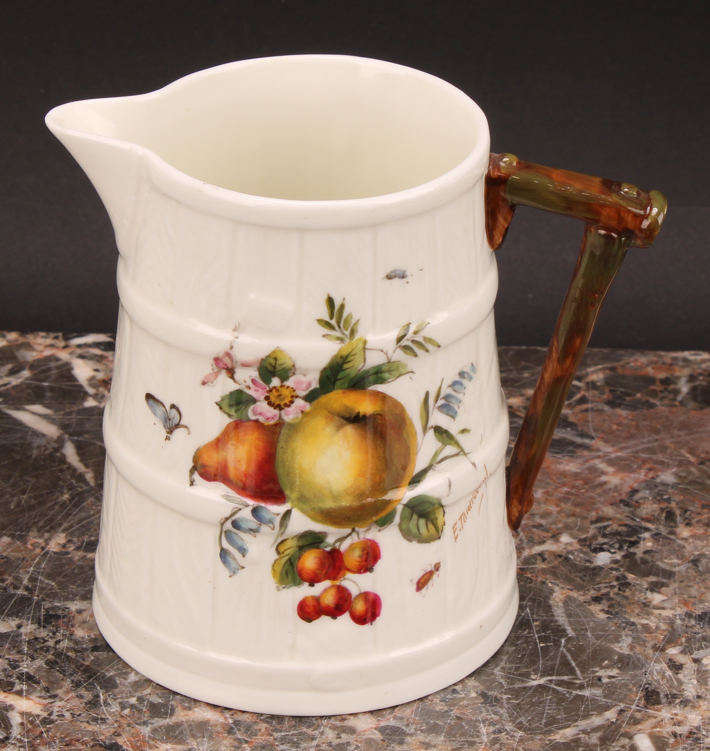 A Royal Worcester barrel shaped jug, painted by W. Powell, signed, with a Goldfinch, 11cm high, - Image 8 of 17