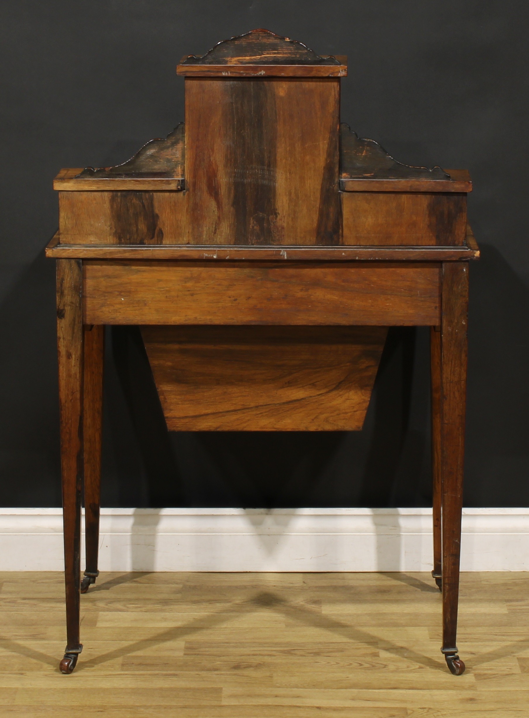 A late Victorian rosewood and marquetry bonheur du jour work table, stepped superstructure with a - Image 6 of 6