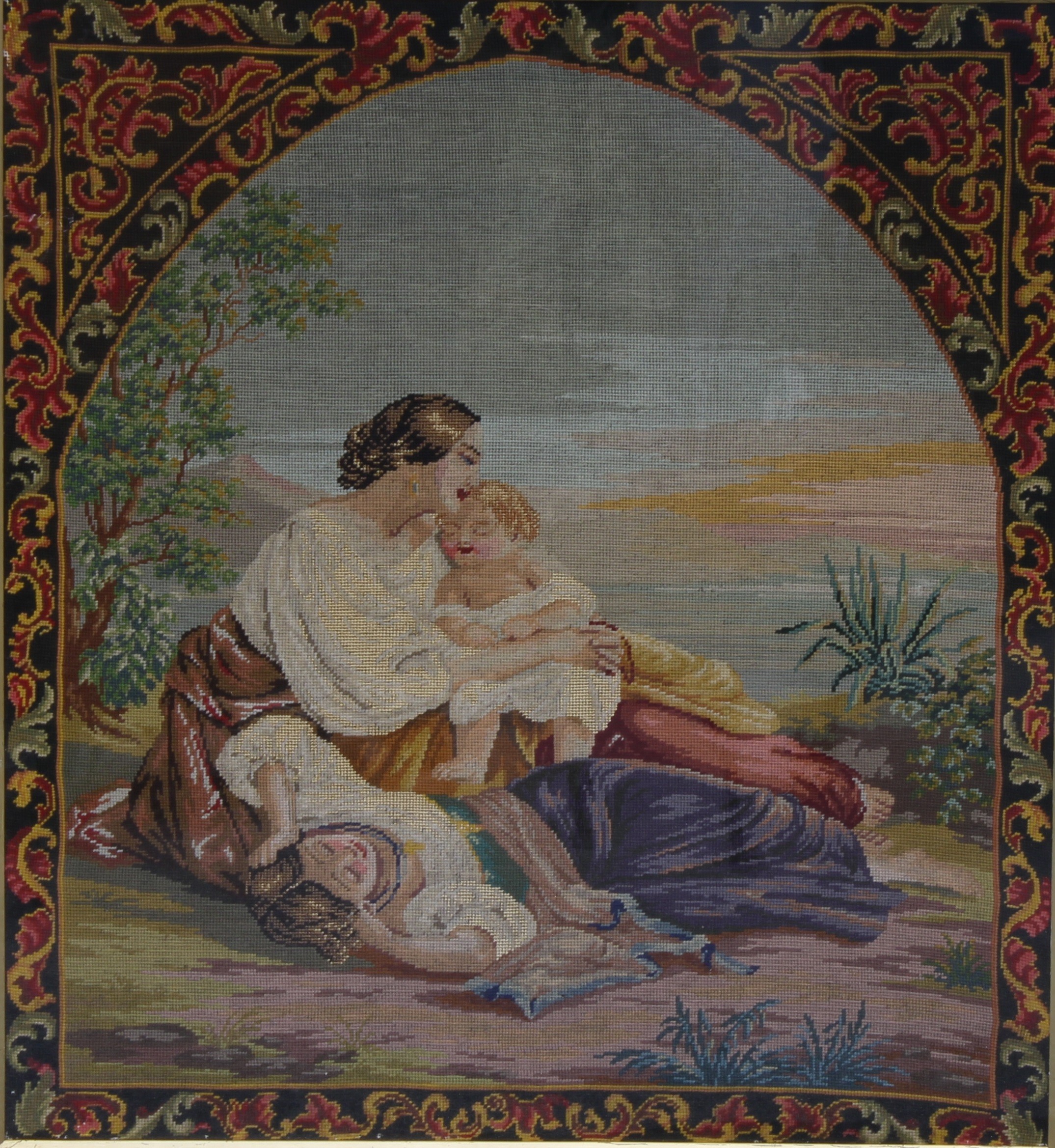 A 19th century Berlin woolwork panel, mother and children, 72cm x 65cm, c.1880