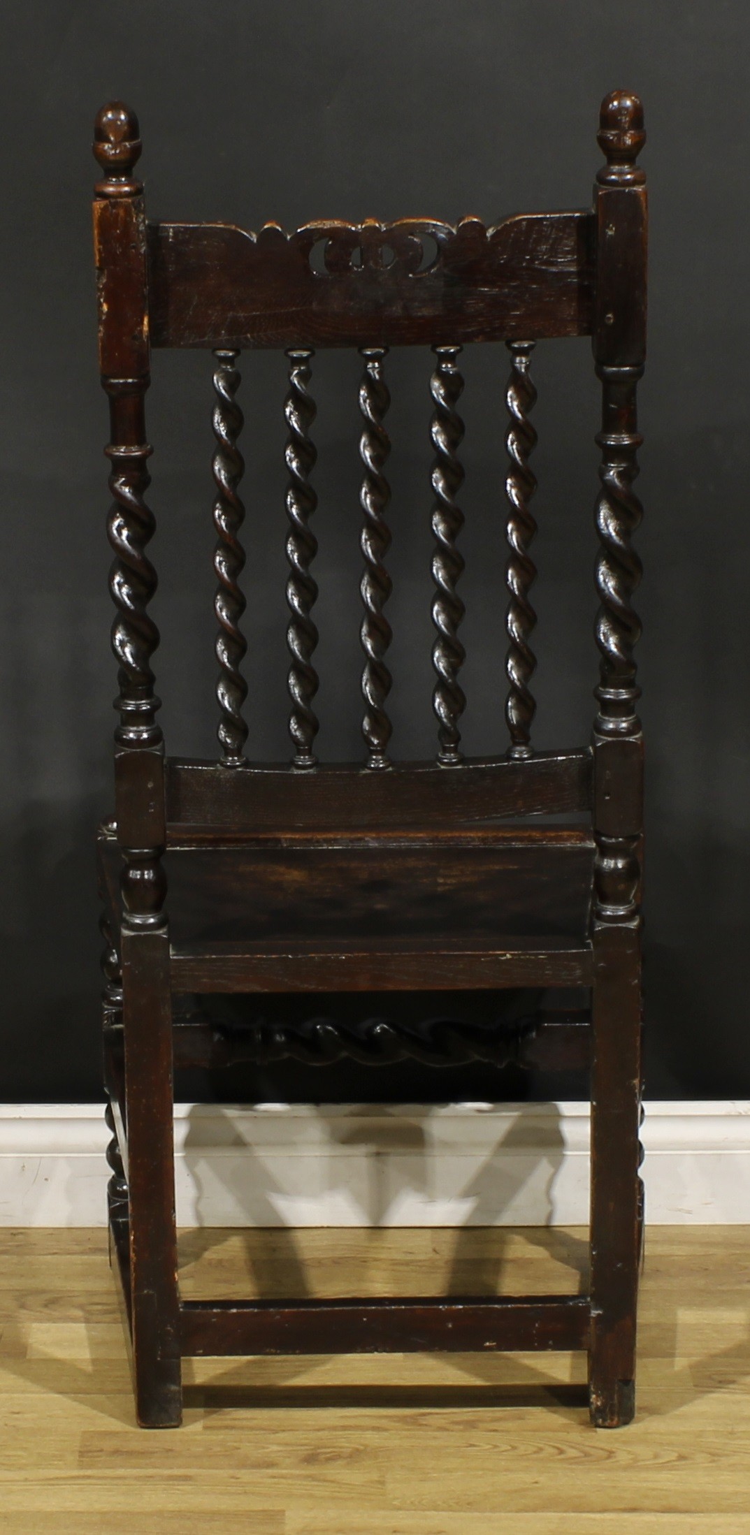 A Charles II oak side chair, curved cresting rail carved with a crown, above a row of spirally- - Image 4 of 4