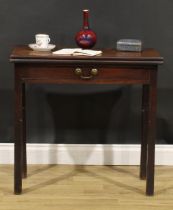 A George III mahogany tea table, hinged rectangular top, drawer to frieze, 73cm high, 76cm wide,