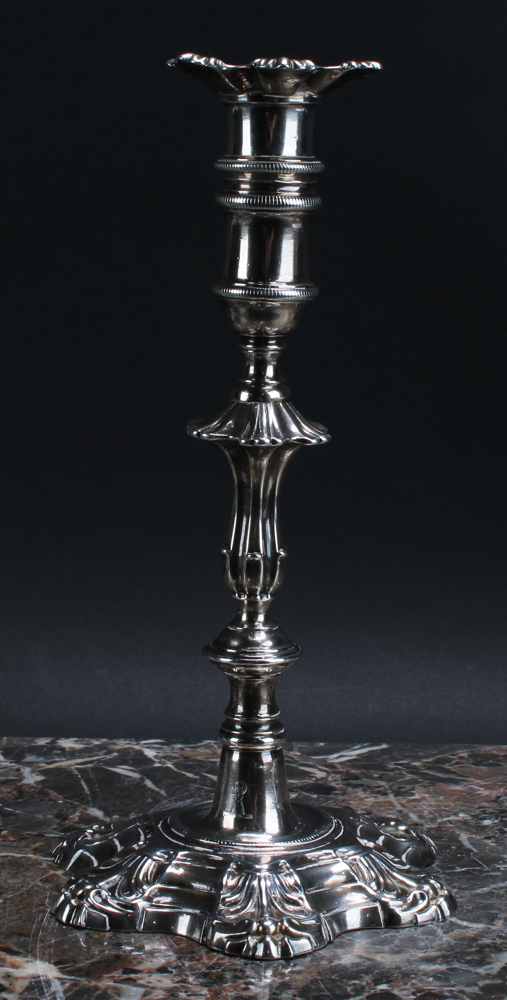 A pair of George II cast silver table candlesticks, unusually tall detachable nozzles, knopped - Image 3 of 6