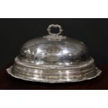A large George III Old Sheffield Plate meat dish and dome cover, bold acanthus loop handle,