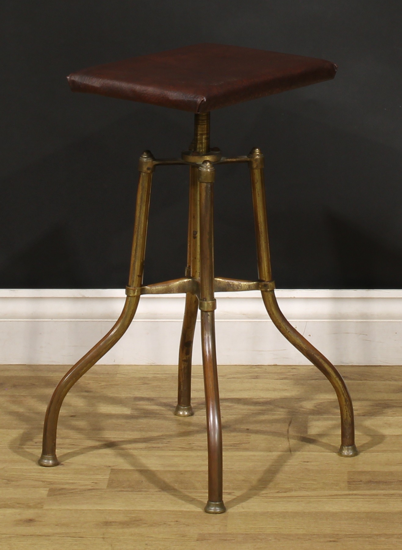 A 19th century brass adjustable piano stool, rotating rectangular seat, downswept tubular legs, 58cm - Image 2 of 2