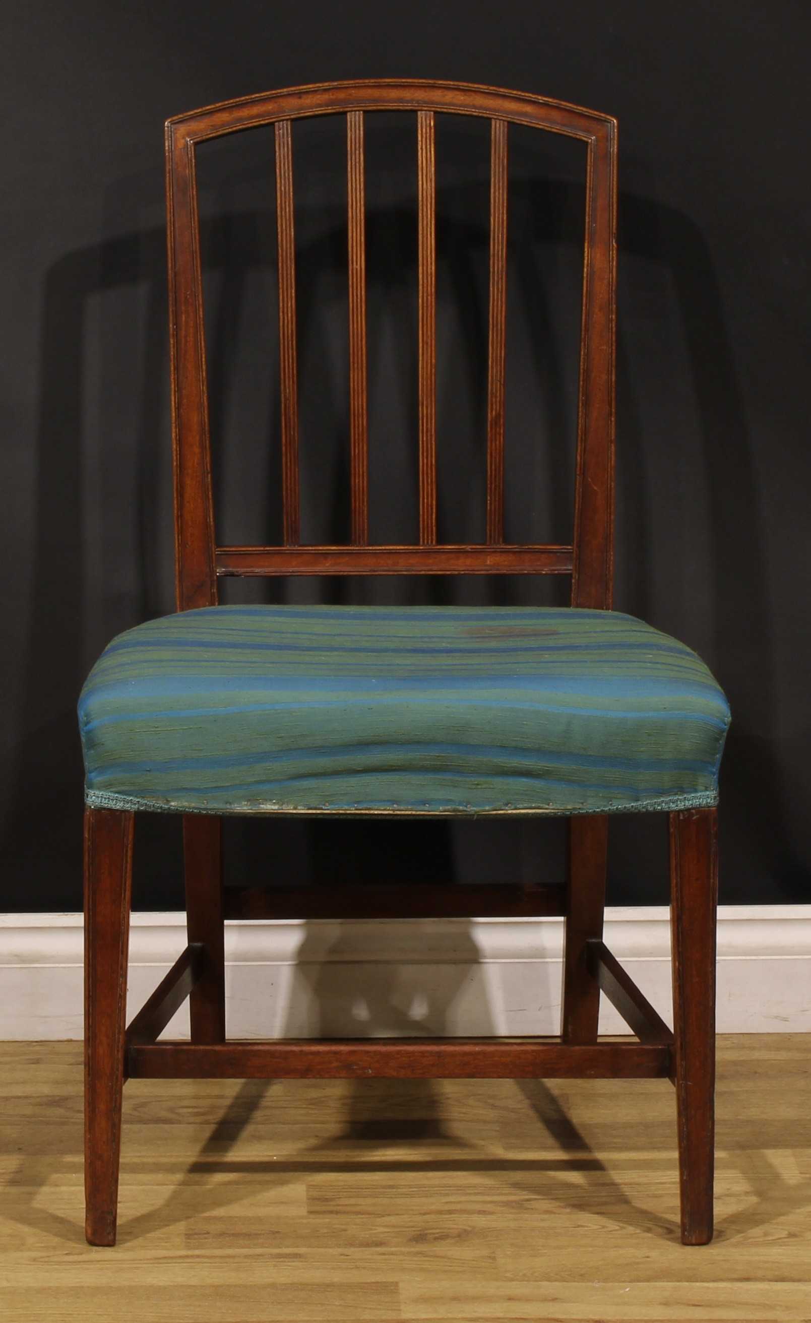 A set of six George III mahogany dining chairs, each arched back with four reeded splats, - Image 2 of 5