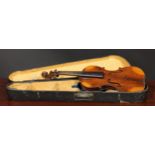 A violin, the two-piece back 36cm long excluding button, rosewood tuning pegs, outlined throughout