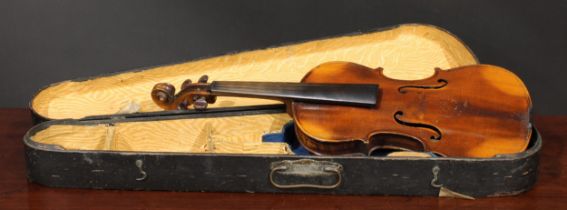 A violin, the two-piece back 36cm long excluding button, rosewood tuning pegs, outlined throughout