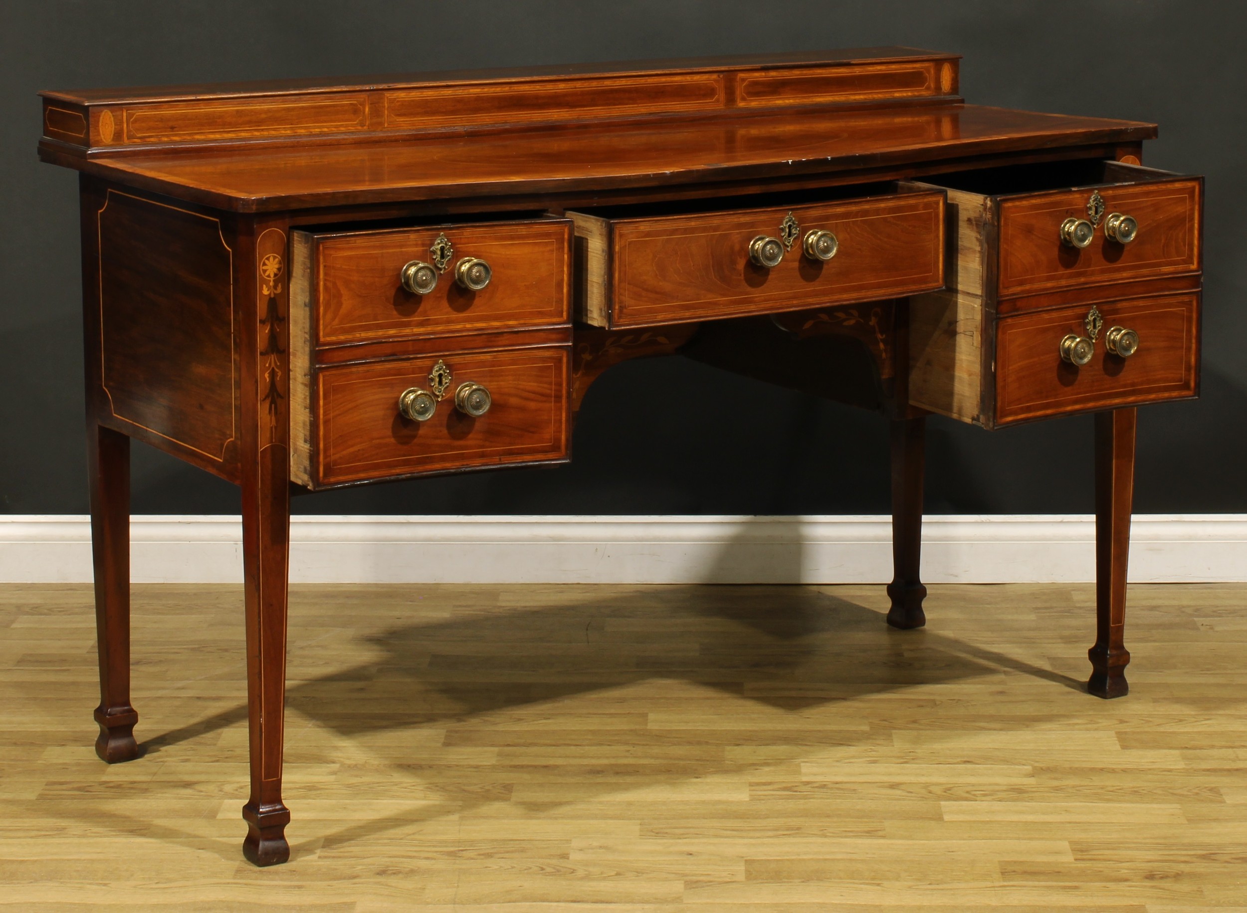 A Sheraton Revival satinwood banded mahogany and marquetry serpentine serving table or sideboard, - Image 4 of 6