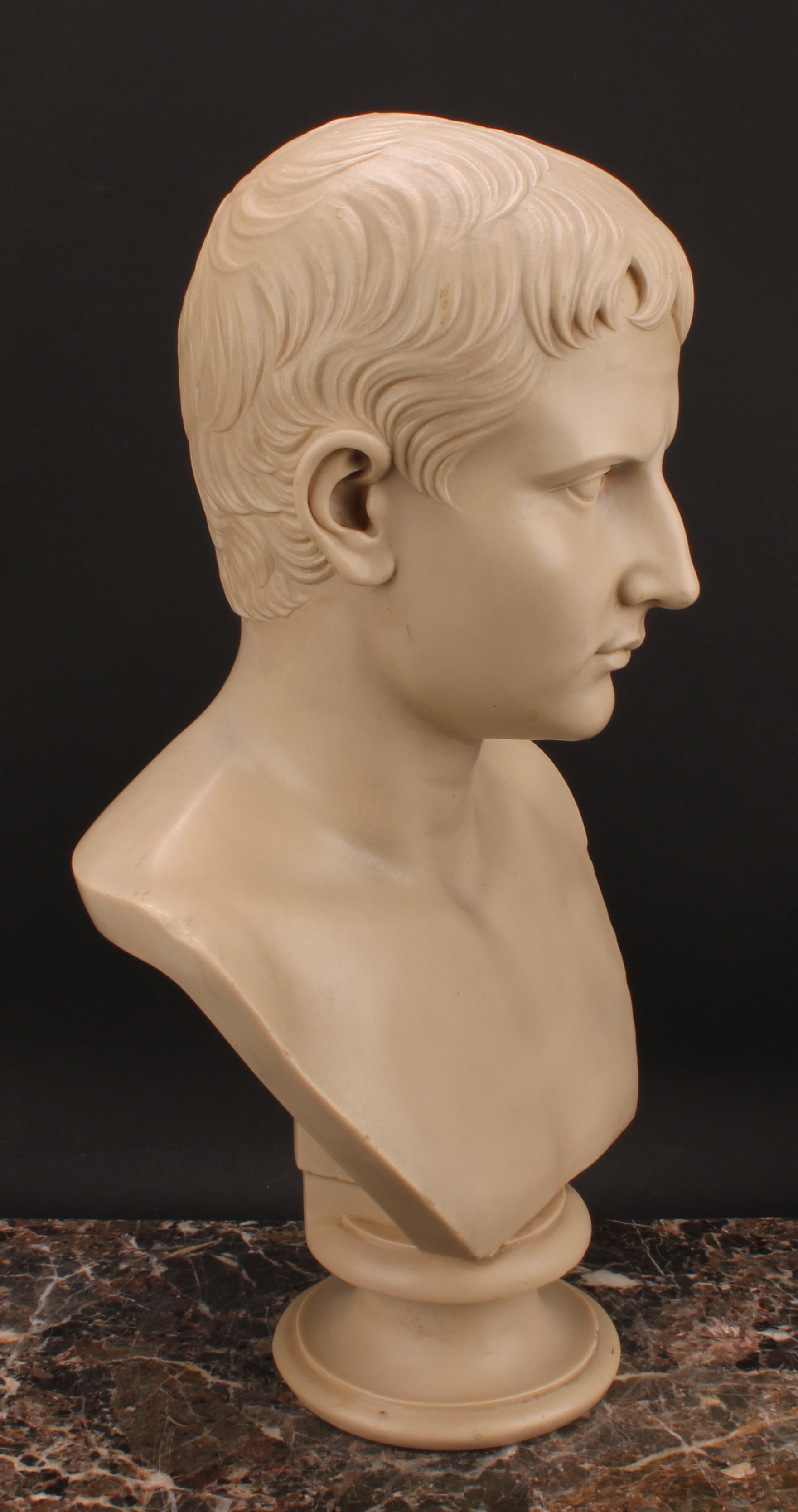 A Grand Tour style composition library bust, Gaius Julius Caesar Augustus, waisted socle, 53cm high - Image 3 of 4