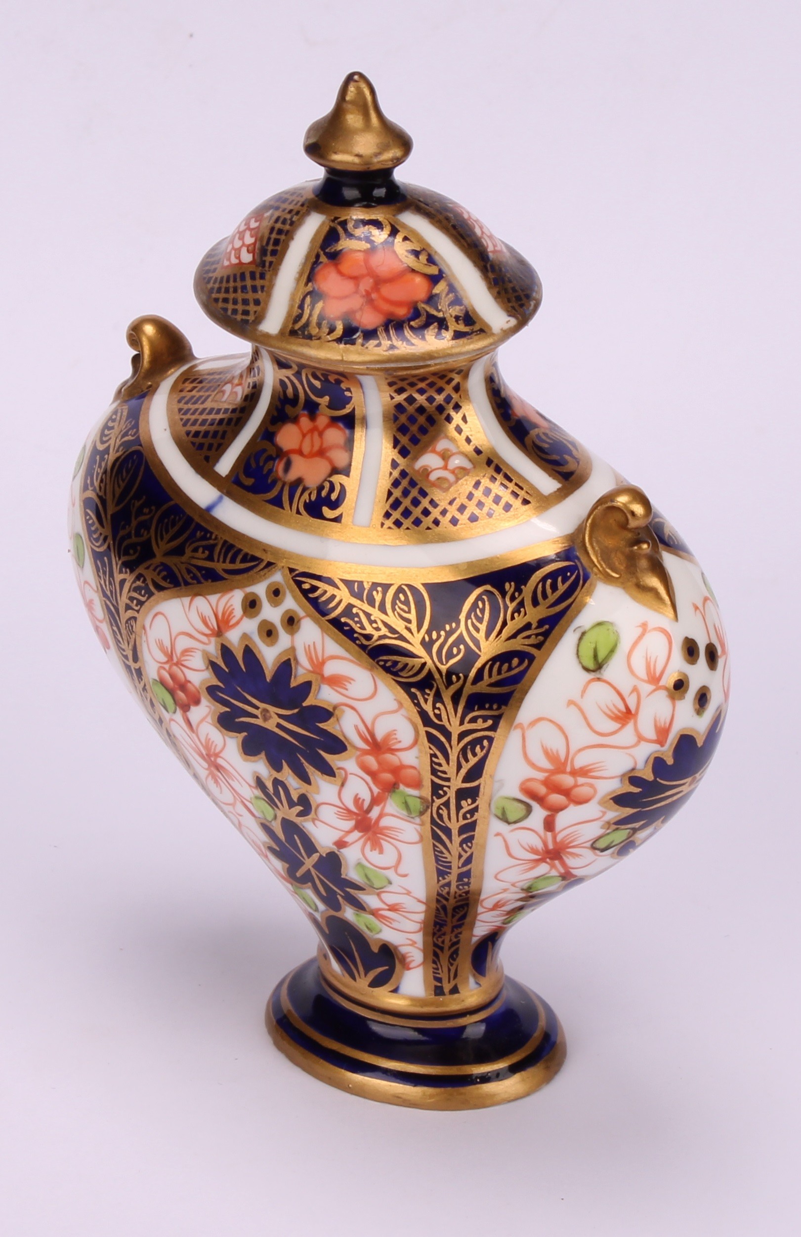 An associated pair of Royal Crown Derby 1128 Imari pattern flattened ovoid pedestal vases, oval - Image 11 of 12