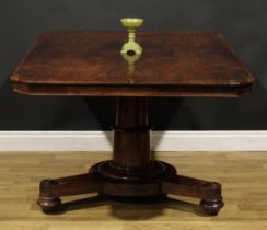 A William IV rosewood breakfast table, canted rectangular tilting top, stepped cylindrical column,