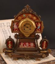 A French Etruscan Revival gilt bronze and porcelain mounted mantel clock, 8.5cm dial with Roman