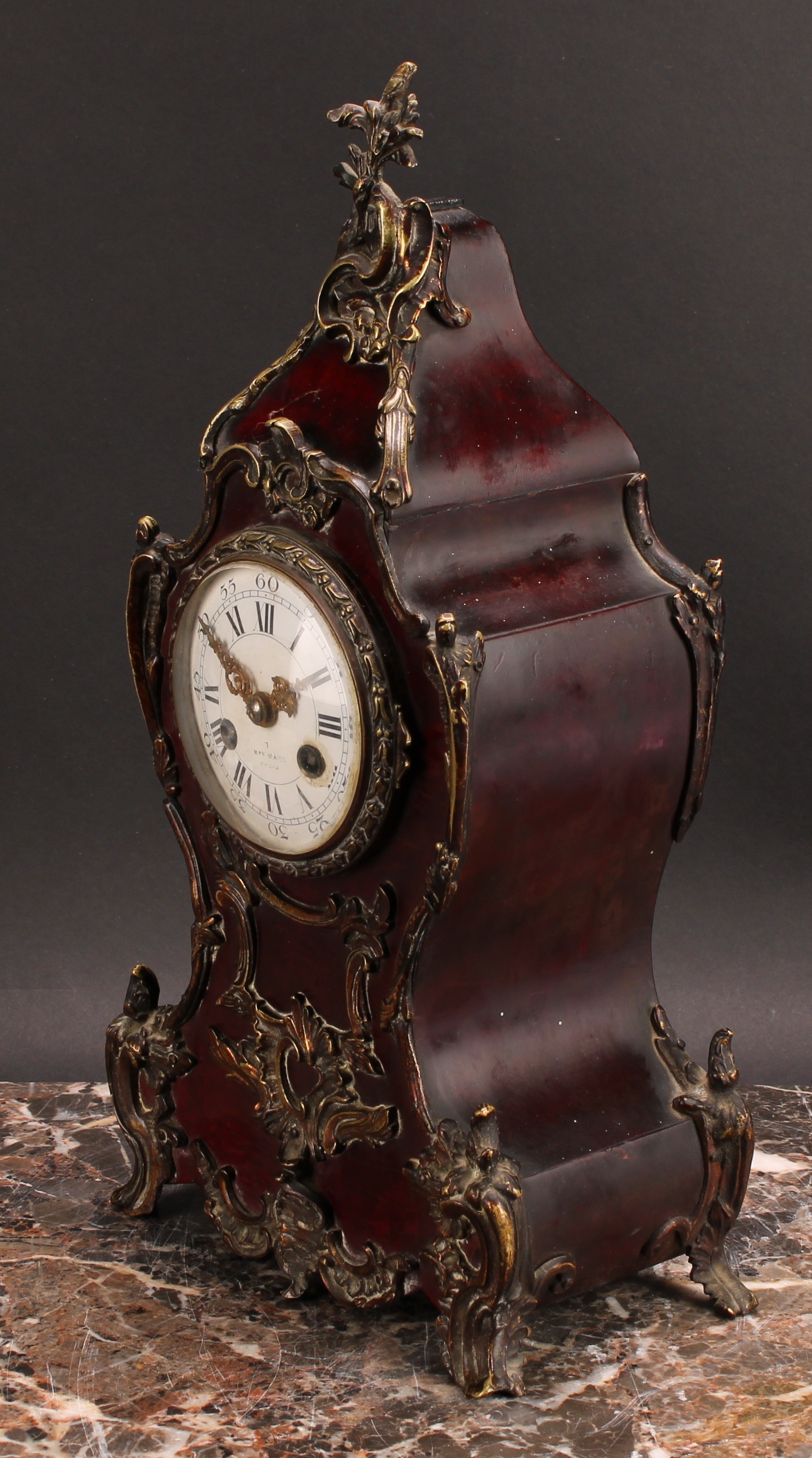 A Louis XV Revival gilt metal mounted simulated tortoiseshell mantel clock, 8cm circular enamel dial - Image 3 of 5