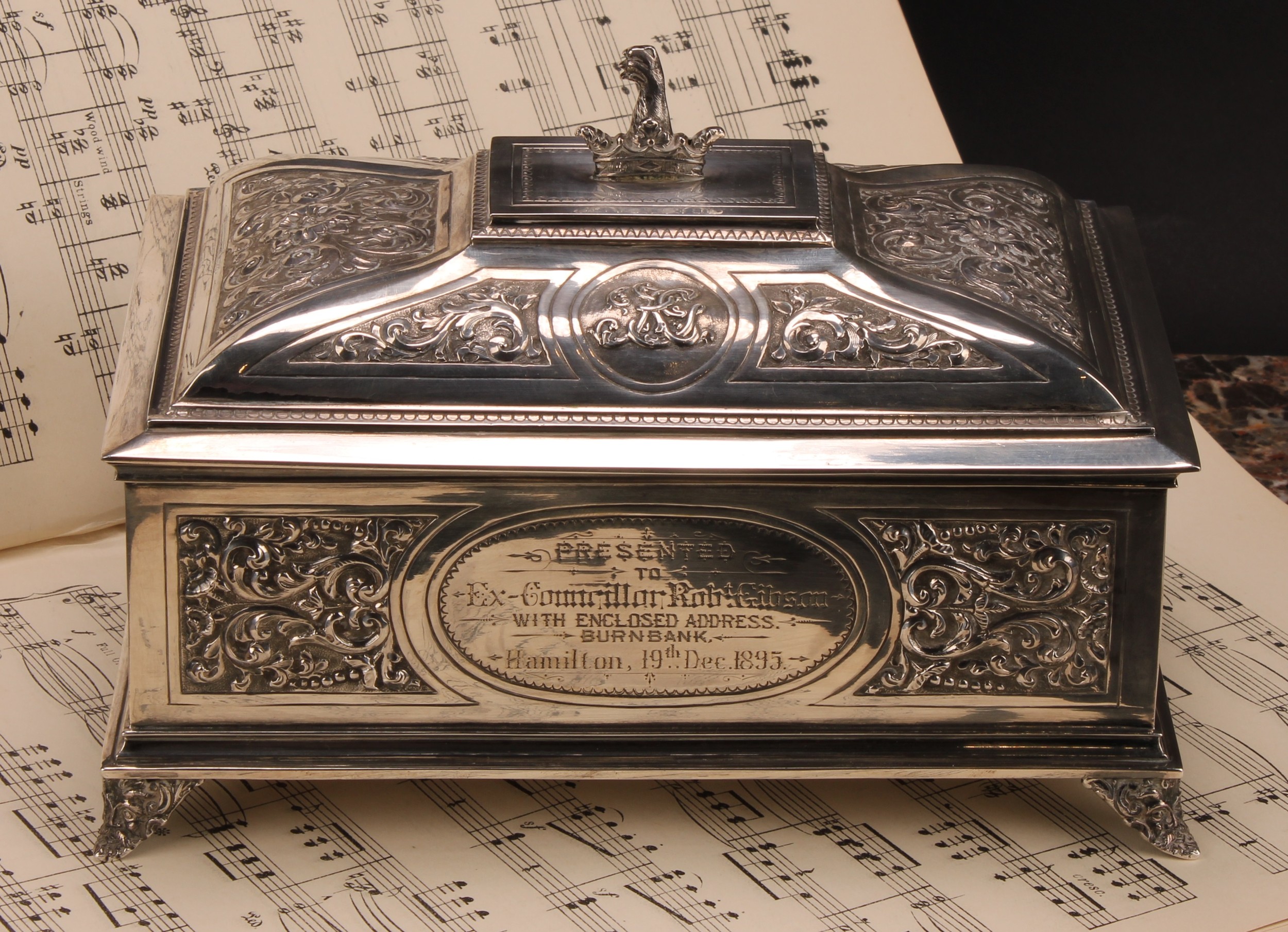 A Victorian Scottish silver rectangular freedom type casket, hinged cover with heraldic finial,