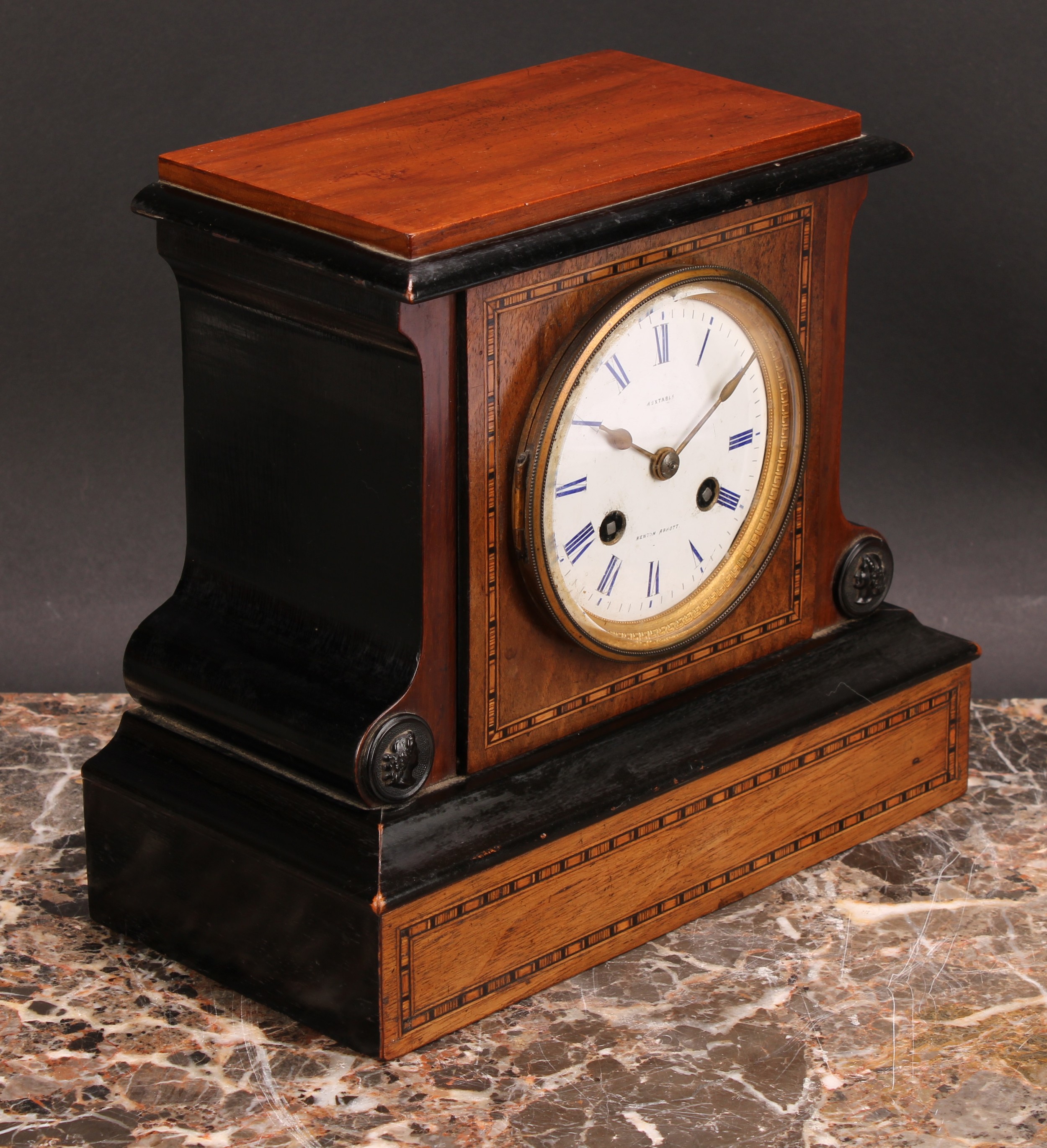 A late Victorian parcel-ebonised walnut mantel clock, 8.5cm circular enamel dial inscribed - Image 2 of 3