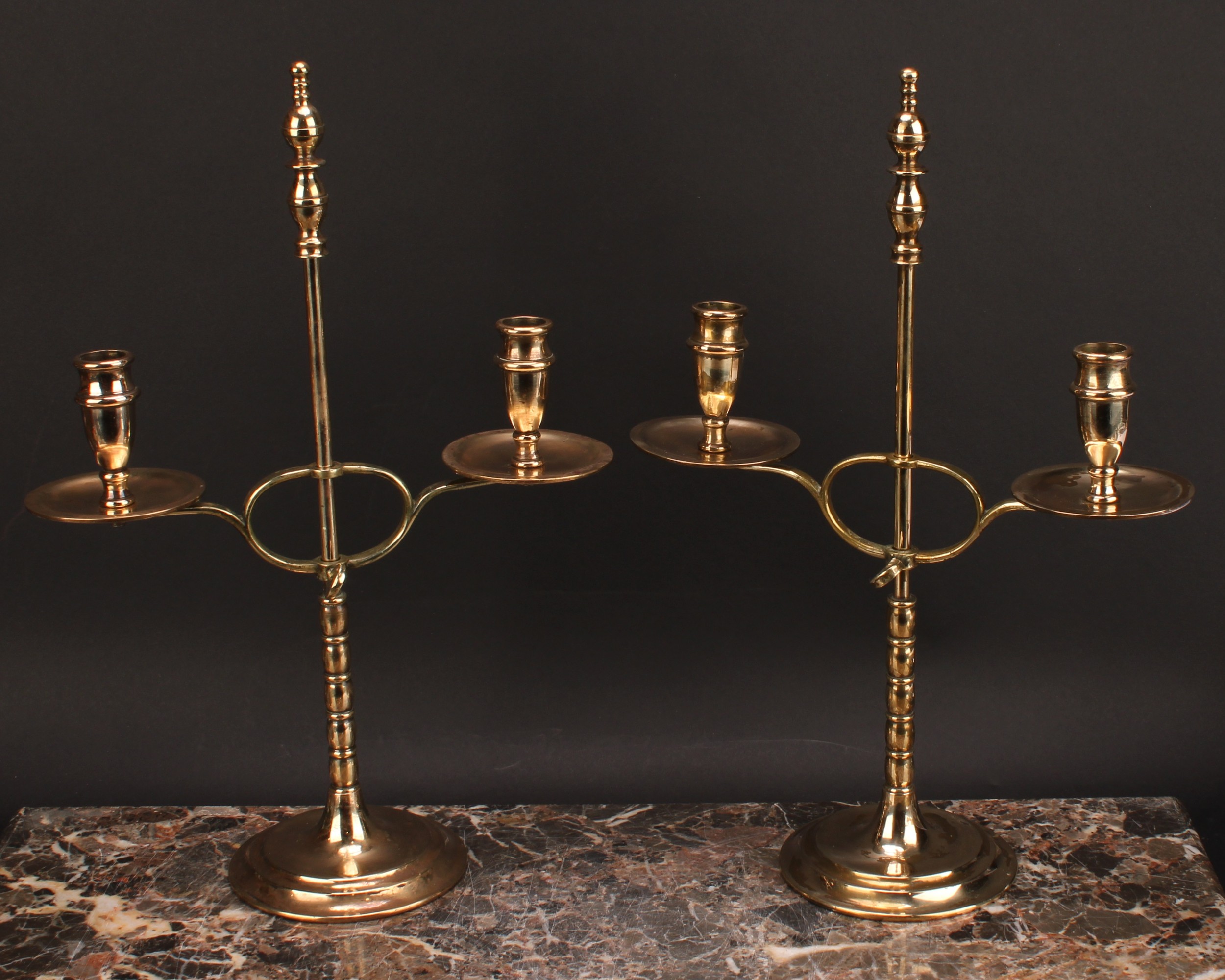 A pair of early 20th century brass two-light adjustable candelabra, orb-and-knop finiasls, broad - Image 2 of 3