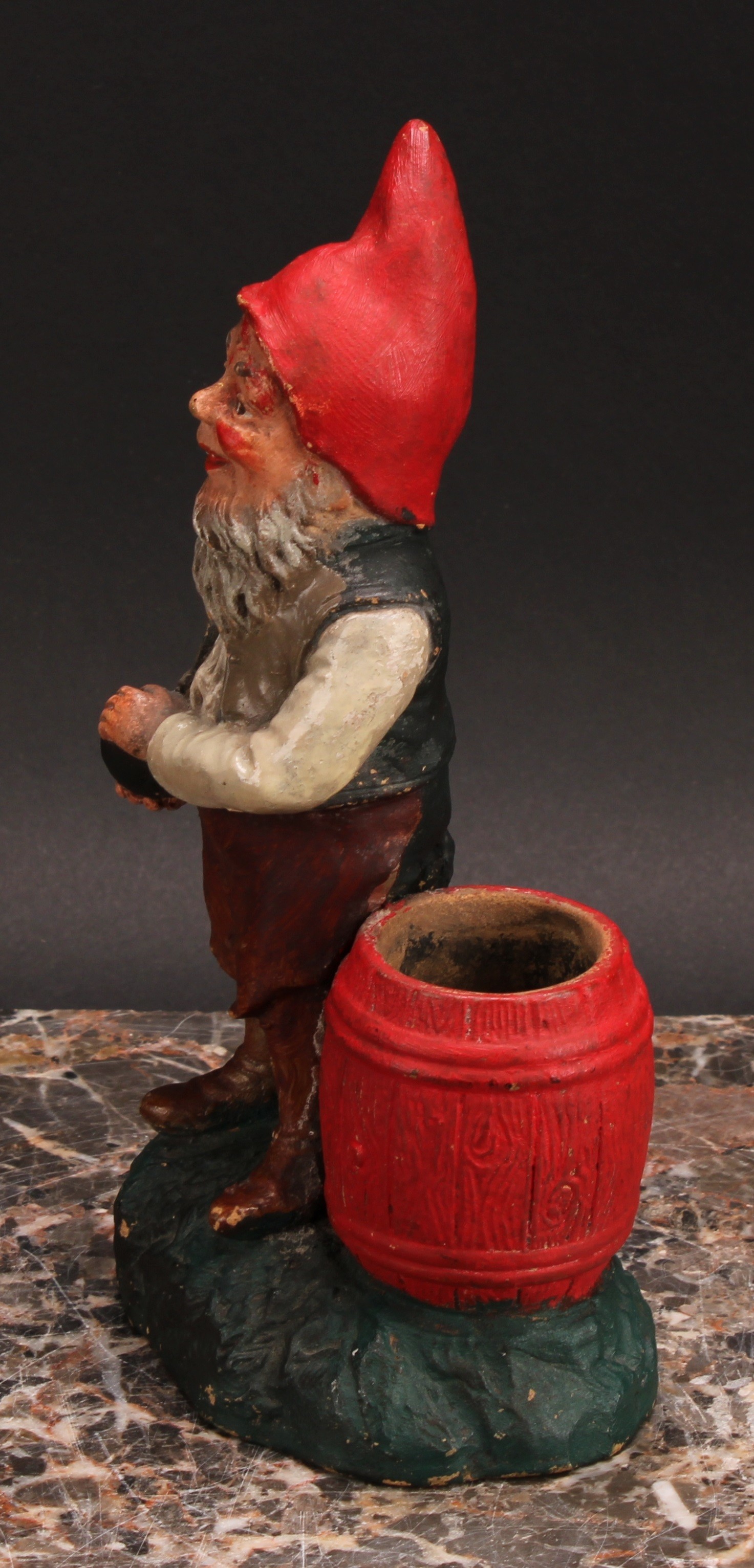 An Austrian terracotta gnome, by Johann Maresch, he stands, playing bowls, 23cm high, impressed - Image 4 of 6