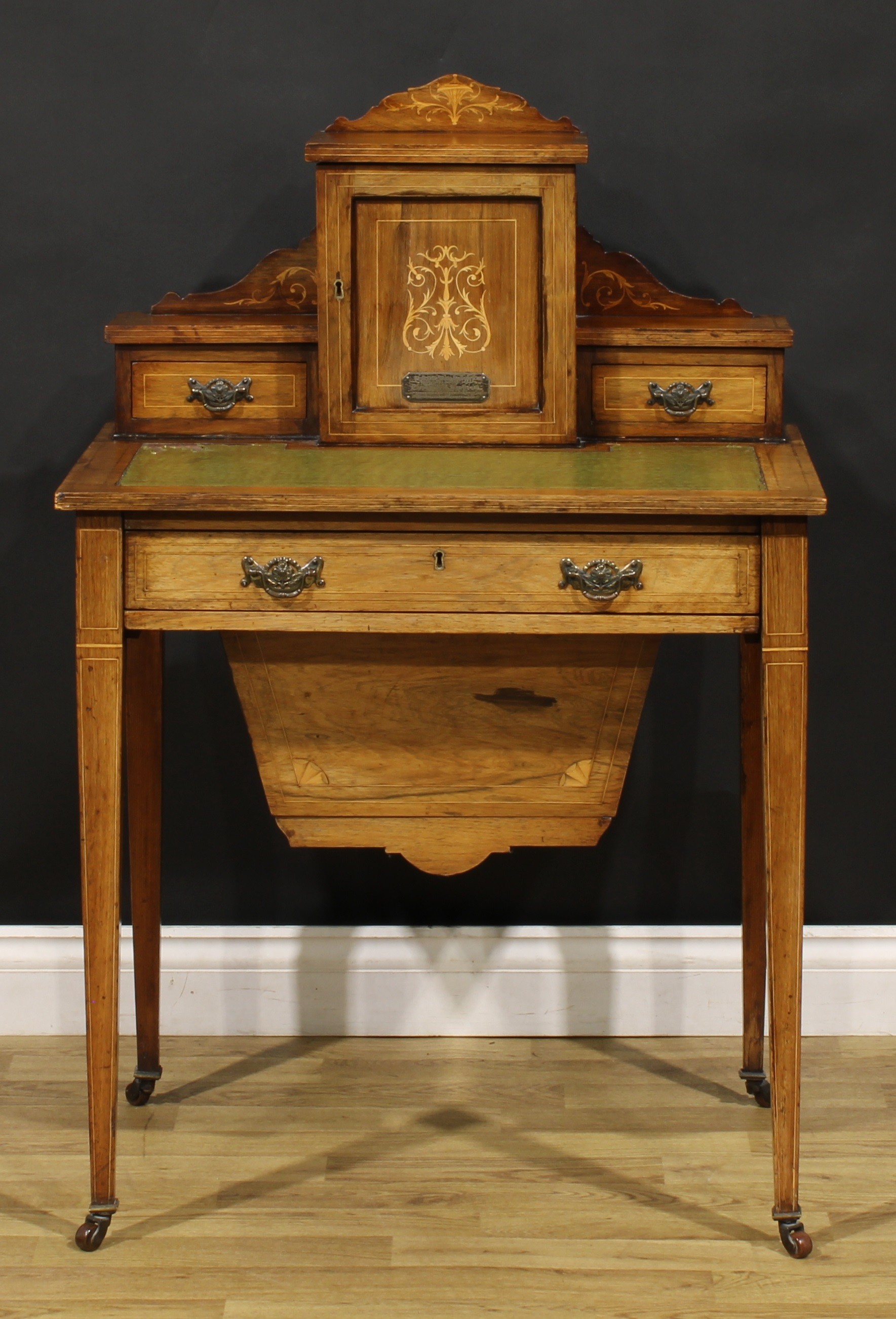 A late Victorian rosewood and marquetry bonheur du jour work table, stepped superstructure with a - Image 2 of 6