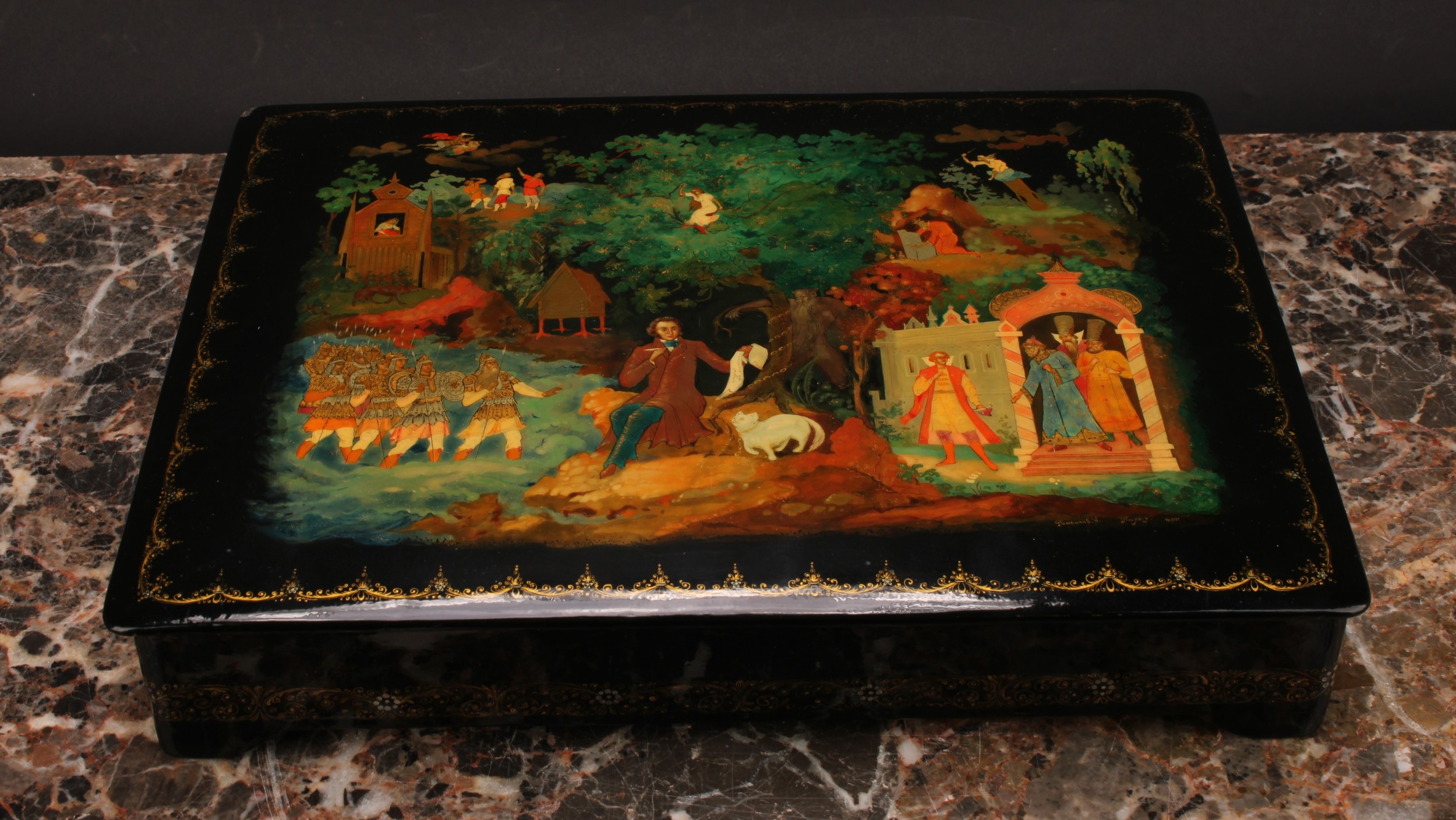 A Russian lacquer rectangular box, the hinged cover painted in polychrome with a narrative scene, - Image 2 of 4