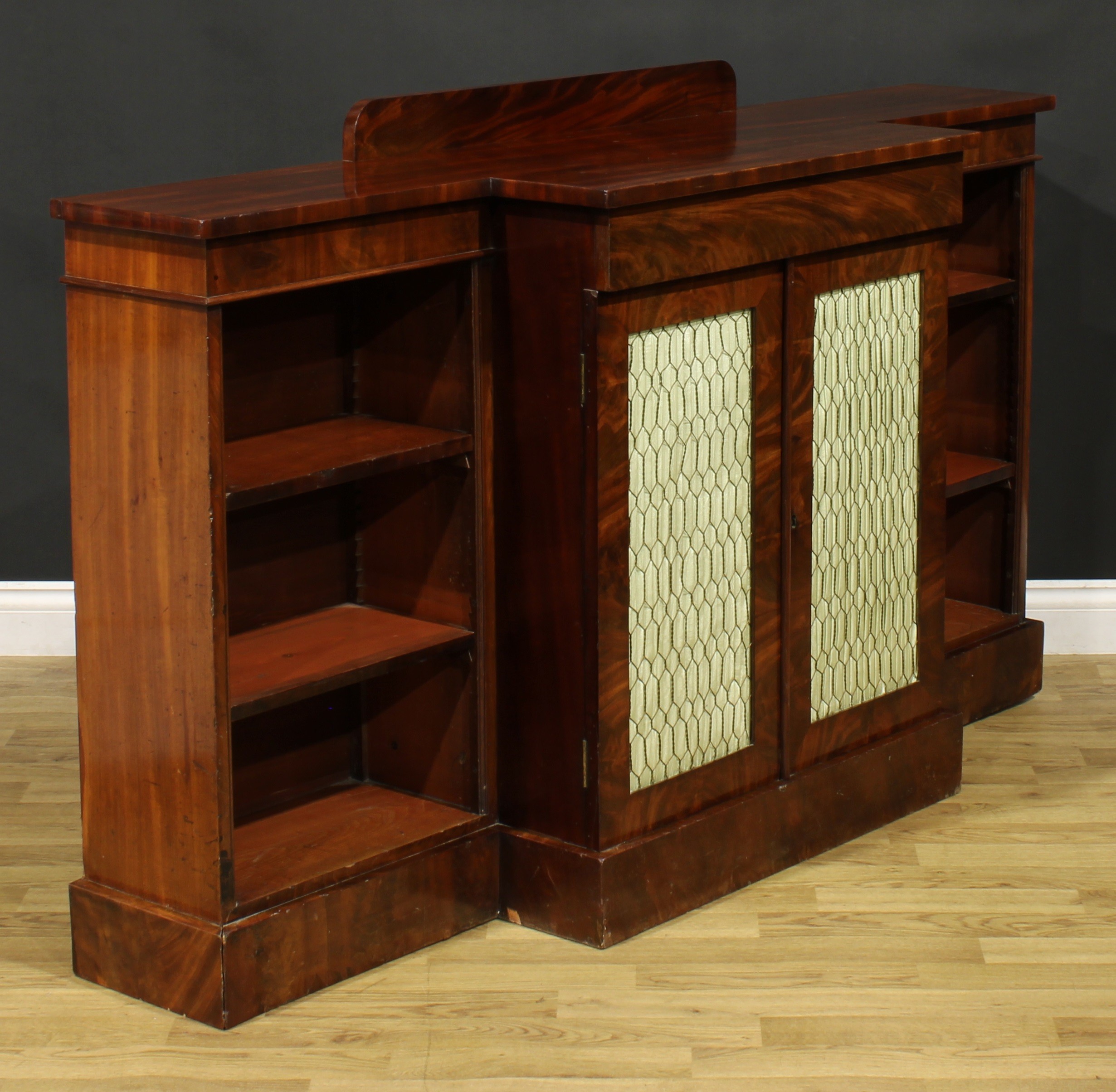 A Post-Regency mahogany break-centre low library bookcase, by J. Russell, upholsterer, cabinet - Image 3 of 5