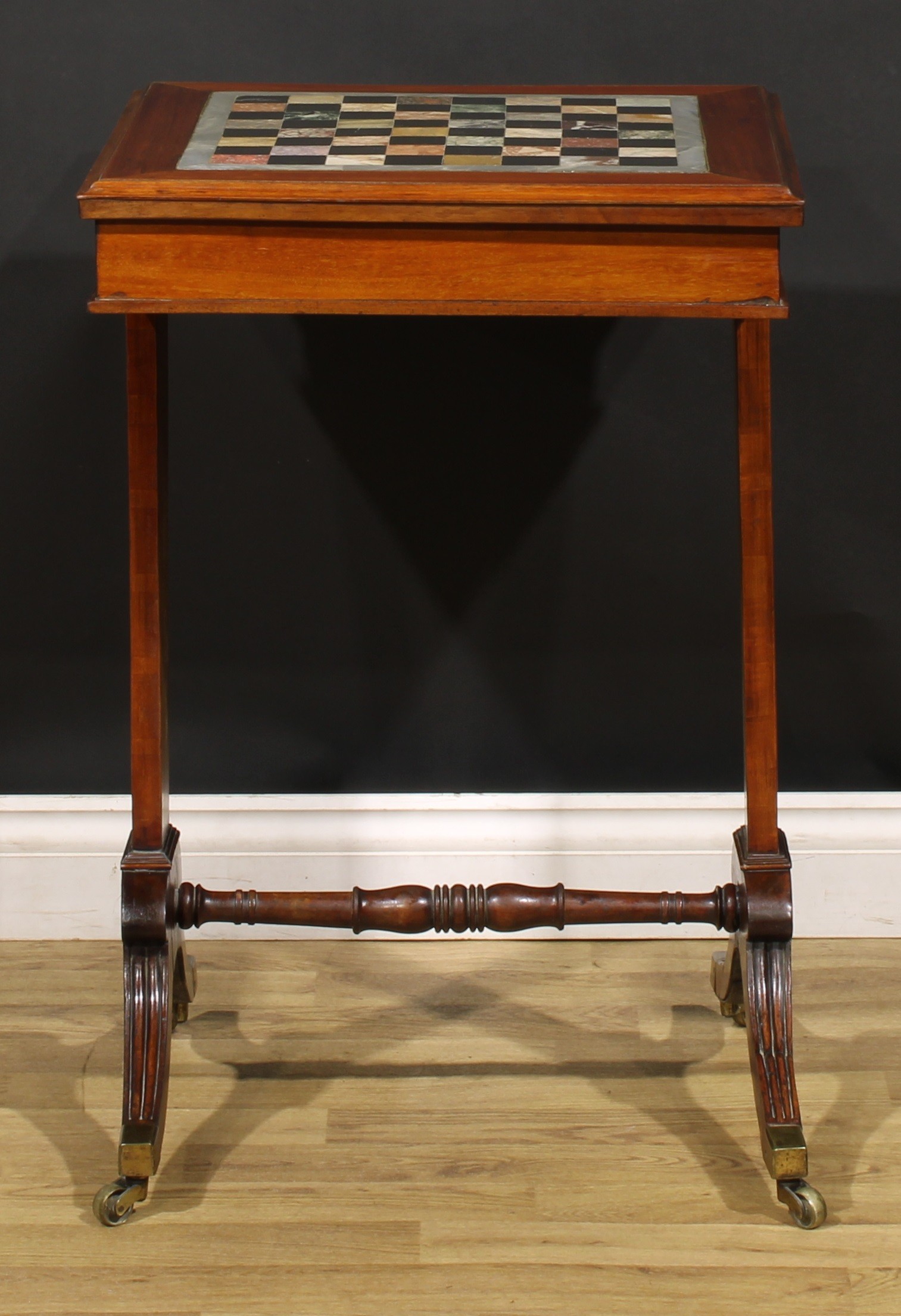 A 19th century mahogany and specimen marble games table, square top with moulded edge and inset