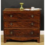 A George III mahogany caddy top chest, of three long cockbeaded drawers, shaped apron, bracket feet,