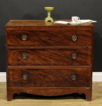 A George III mahogany caddy top chest, of three long cockbeaded drawers, shaped apron, bracket feet,