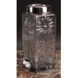 An Aesthetic Movement style silver mounted square glass vase, moulded with sunflowers, 18.5cm