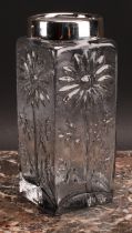 An Aesthetic Movement style silver mounted square glass vase, moulded with sunflowers, 18.5cm