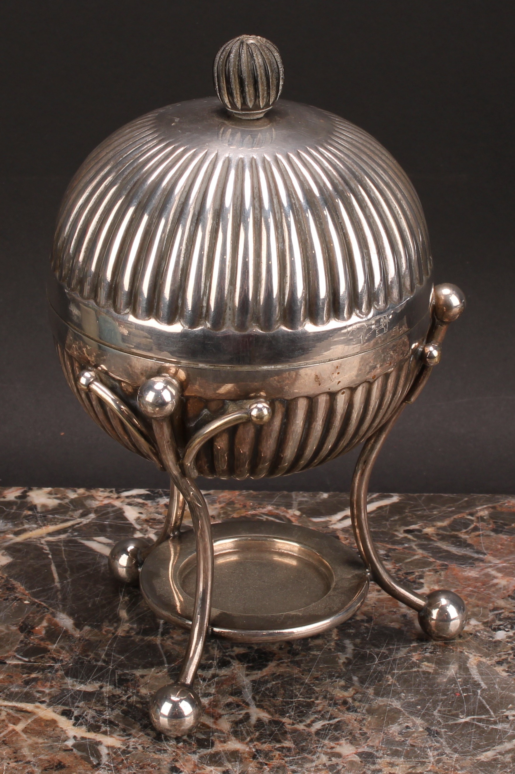 A Victorian E.P.N.S fluted globular egg coddler, ball feet, 20cm high, Mappin & Webb, c.1890 - Image 3 of 4