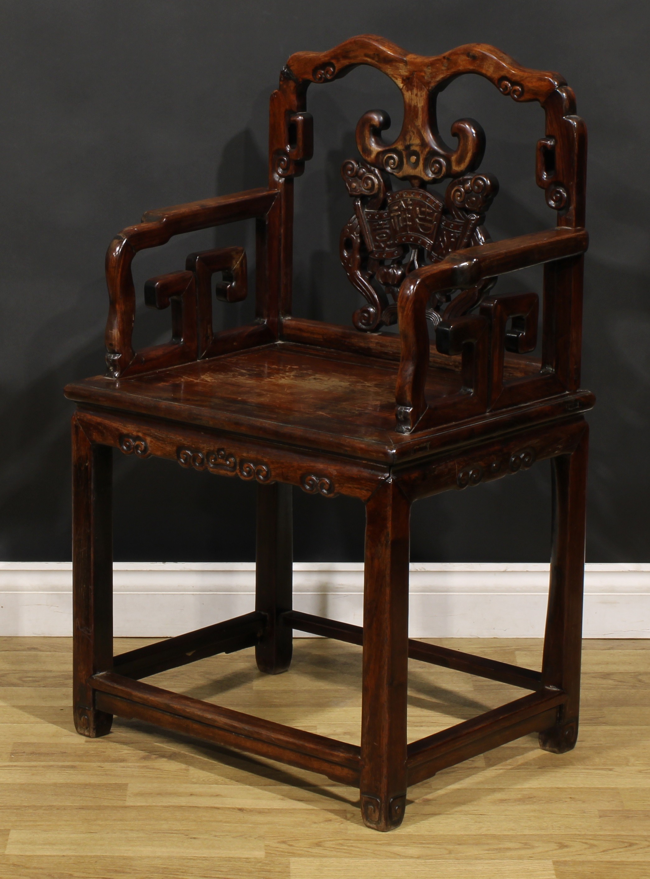 A pair of Chinese hardwood taishi armchairs, each with a shaped back carved with ruyi scepters, - Image 8 of 9