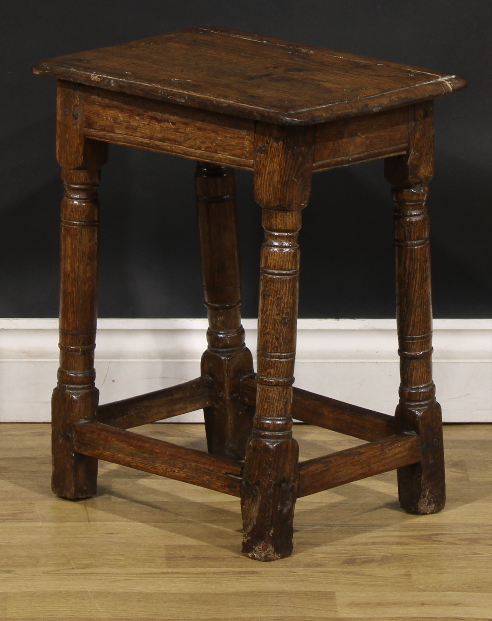 An 18th century oak joint stool, oversailing top above a deep frieze, turned legs, plain stretchers, - Image 3 of 4