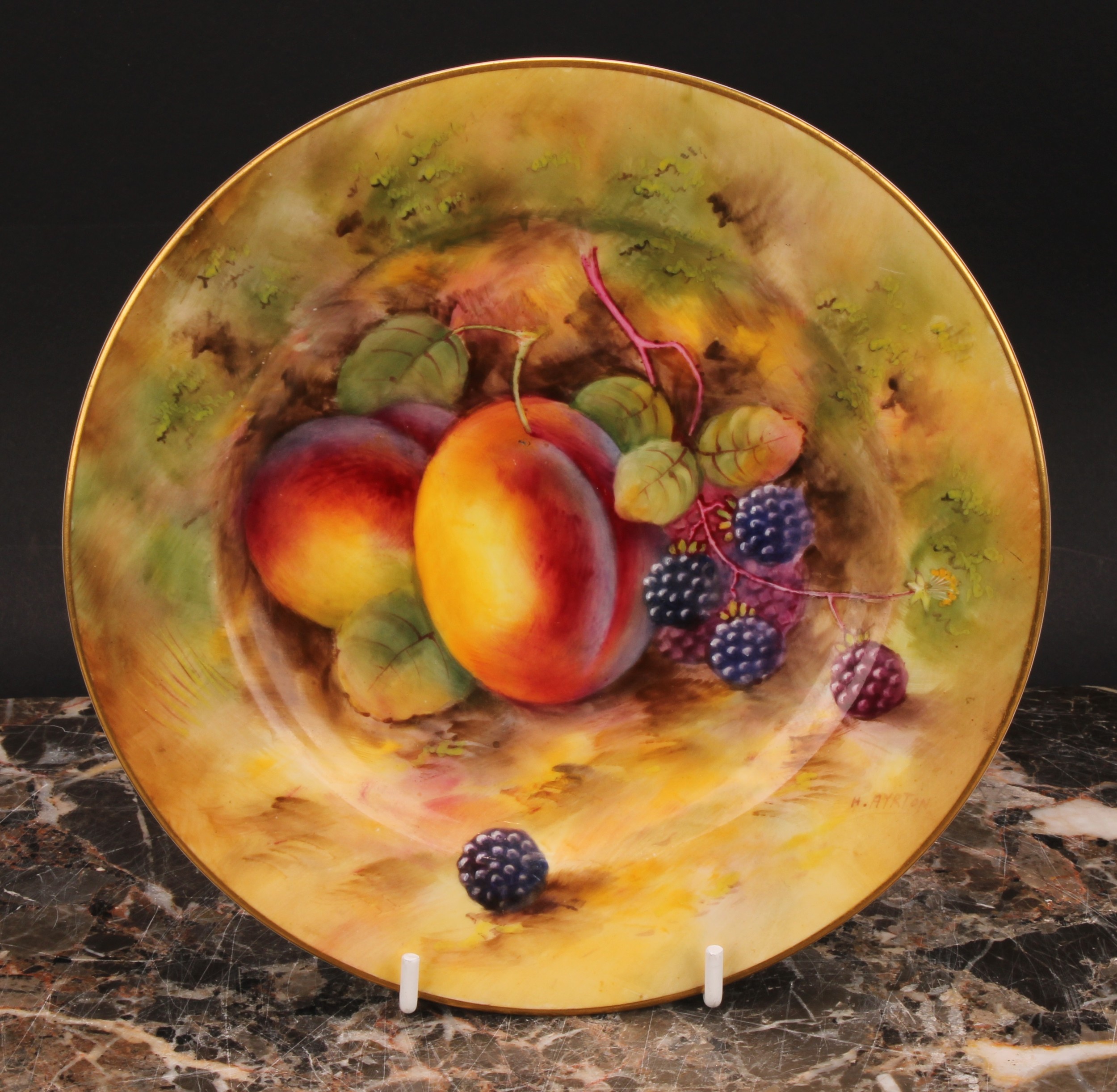 A Royal Worcester plate, painted by Harry Ayrton, signed, painted with peaches and blackberries on a - Image 2 of 5