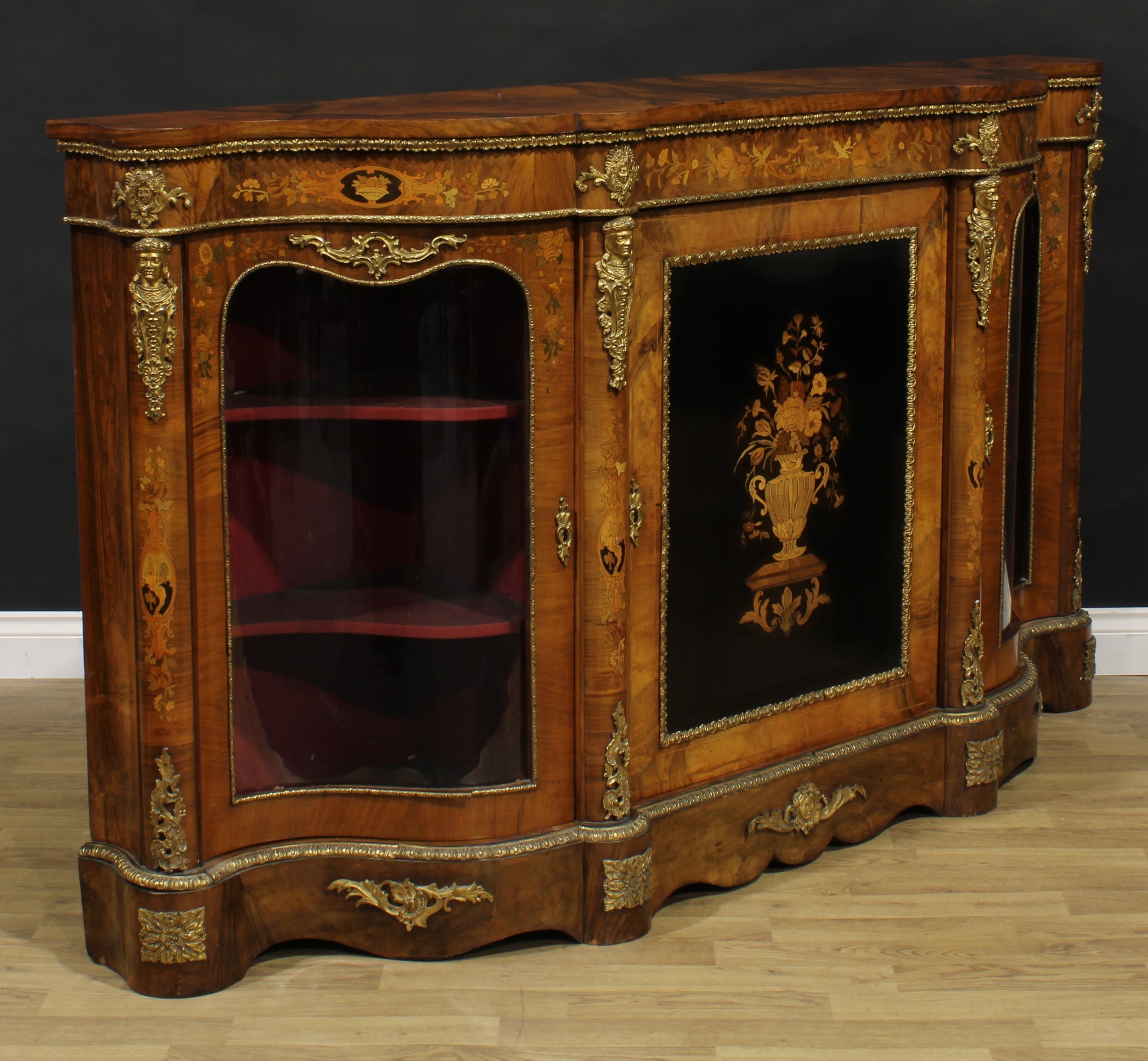 A Victorian gilt metal mounted walnut and marquetry credenza, slightly oversailing top above a - Bild 4 aus 6