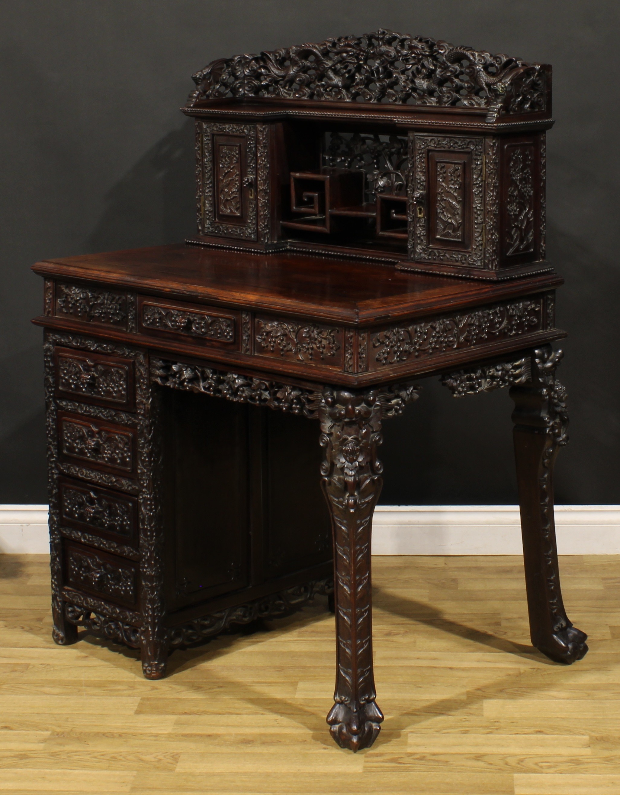 A Chinese export hardwood desk, inverted break-centre superstructure with shaped three-quarter - Image 5 of 5