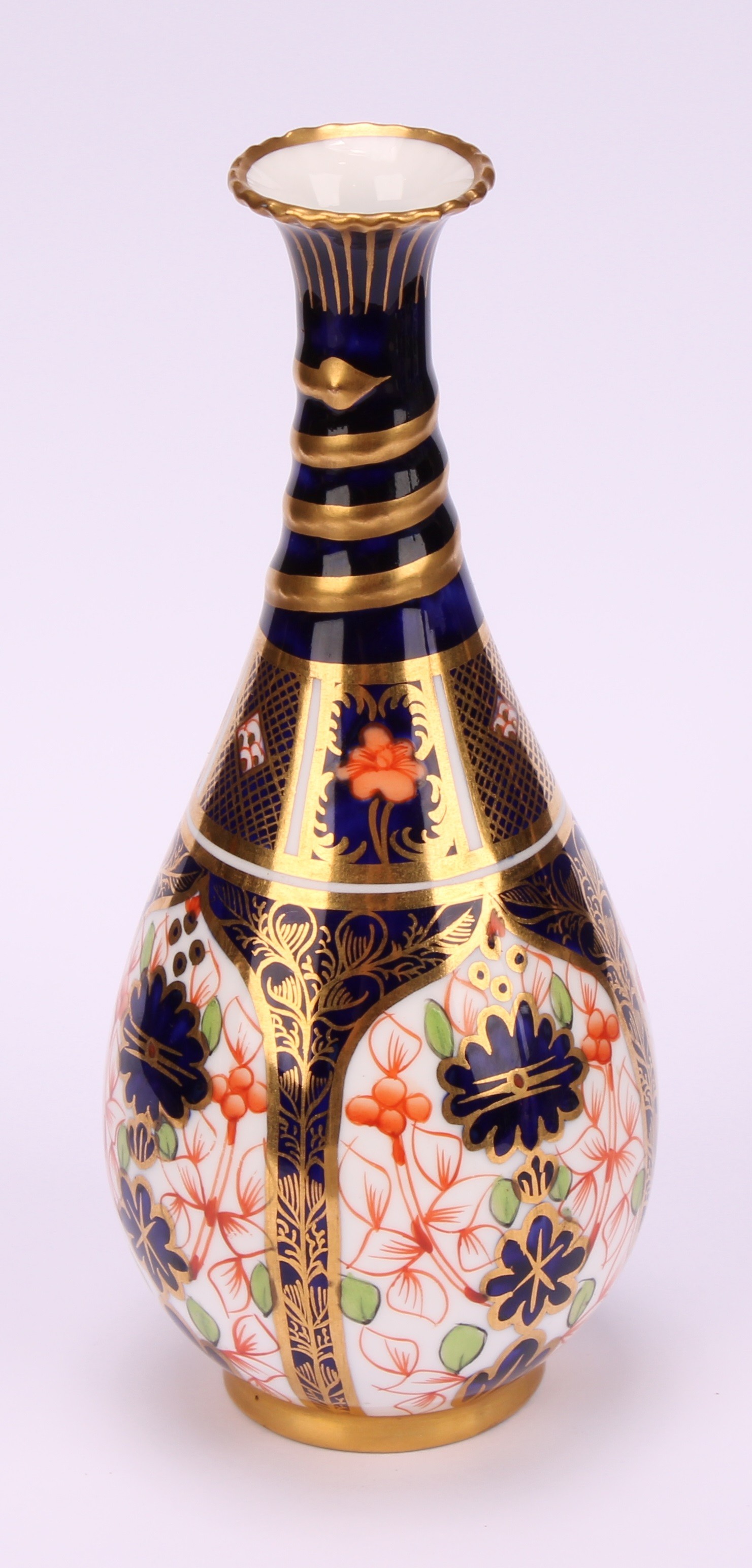 A pair of Royal Crown Derby 1128 Imari pattern ovoid bottle vases, the slender necks moulded with - Image 6 of 10