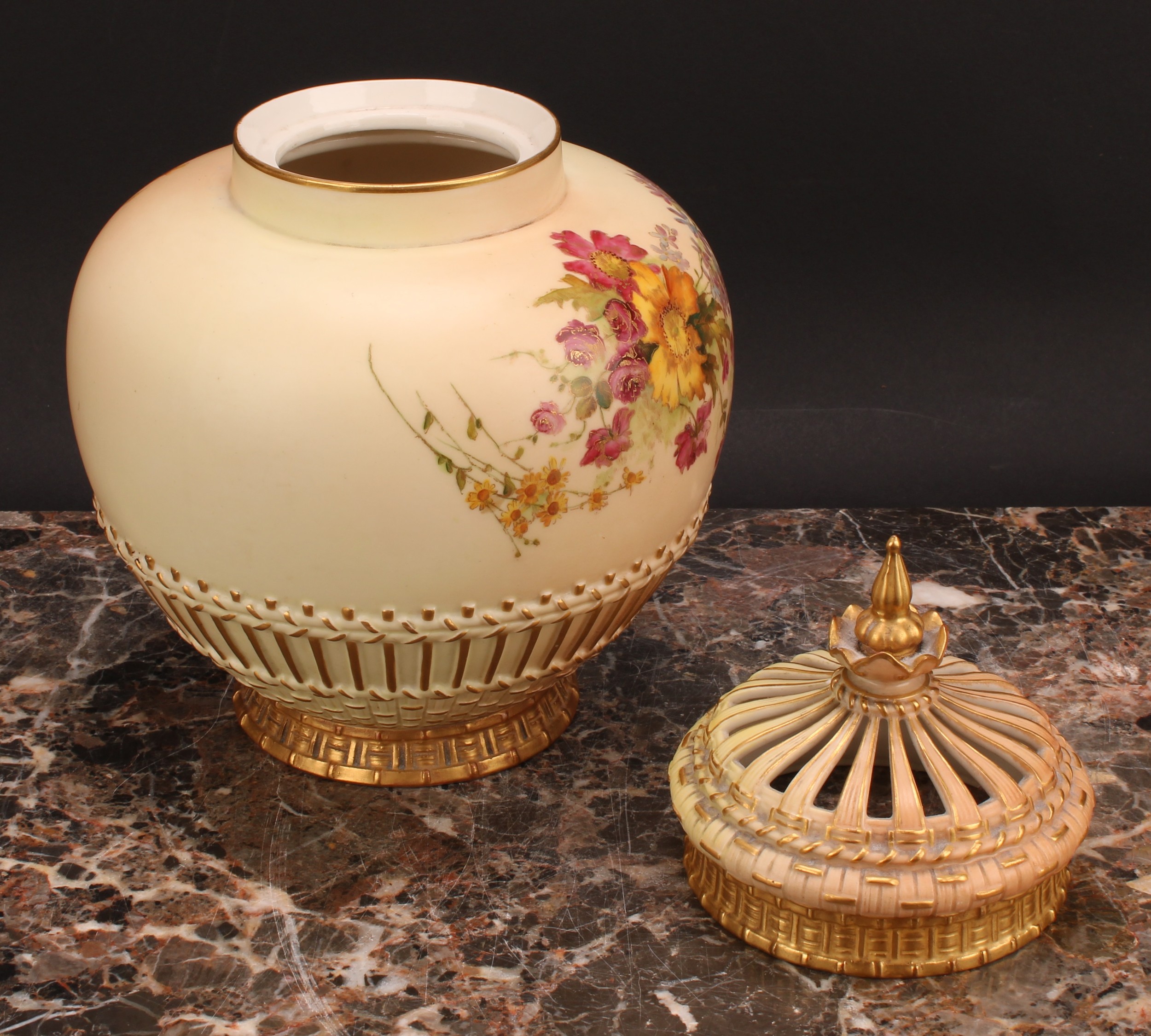 A Royal Worcester parcel-gilt and polychrome painted blush ivory potpourri vase and cover, 26cm - Image 4 of 6