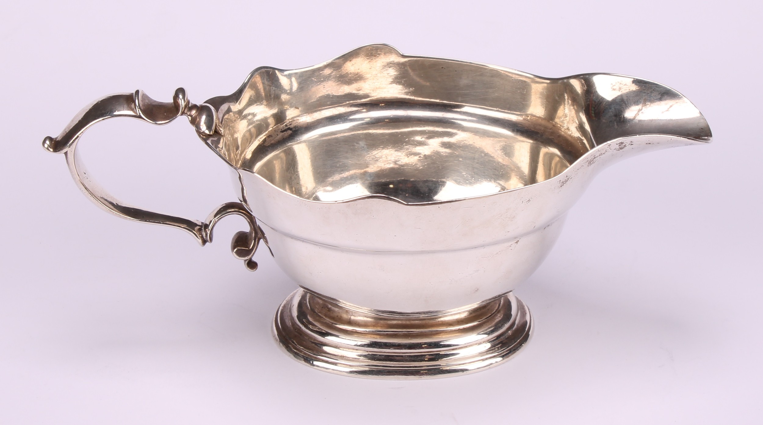 A pair of early George II silver sauce boats, wavy borders, scroll handles, cast bases, 19.5cm long, - Image 3 of 8