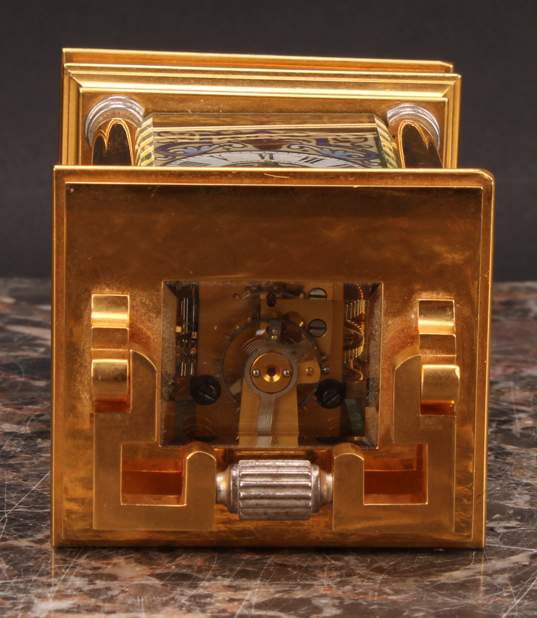 A French parcel-silvered gilt brass and champleve enamel miniature carriage timepiece, 3cm clock - Image 7 of 7