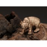 A Russian cast silver miniature model, of a bear, diamond eyes, 6cm long, 84 zolotnik mark