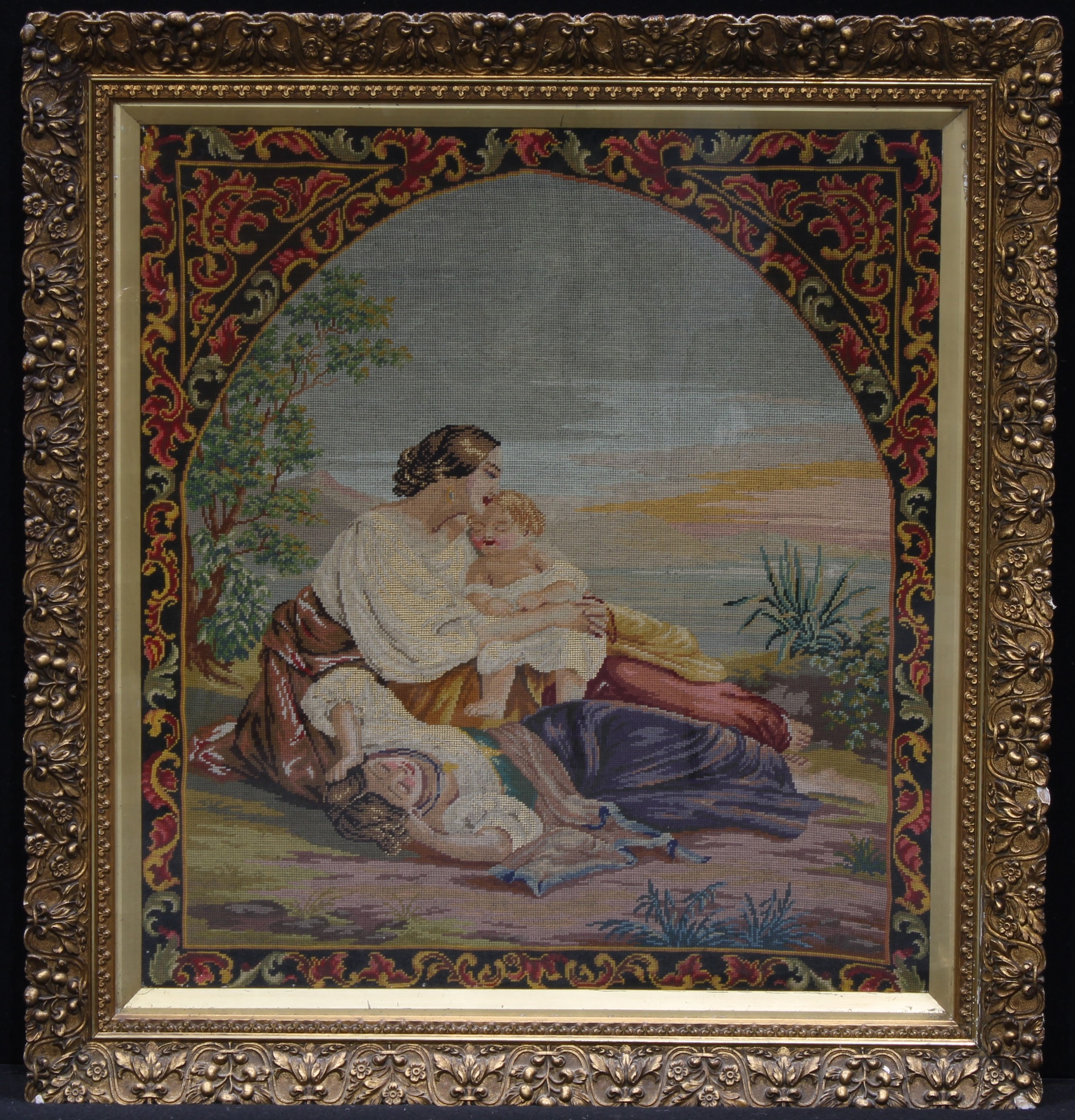 A 19th century Berlin woolwork panel, mother and children, 72cm x 65cm, c.1880 - Image 2 of 3