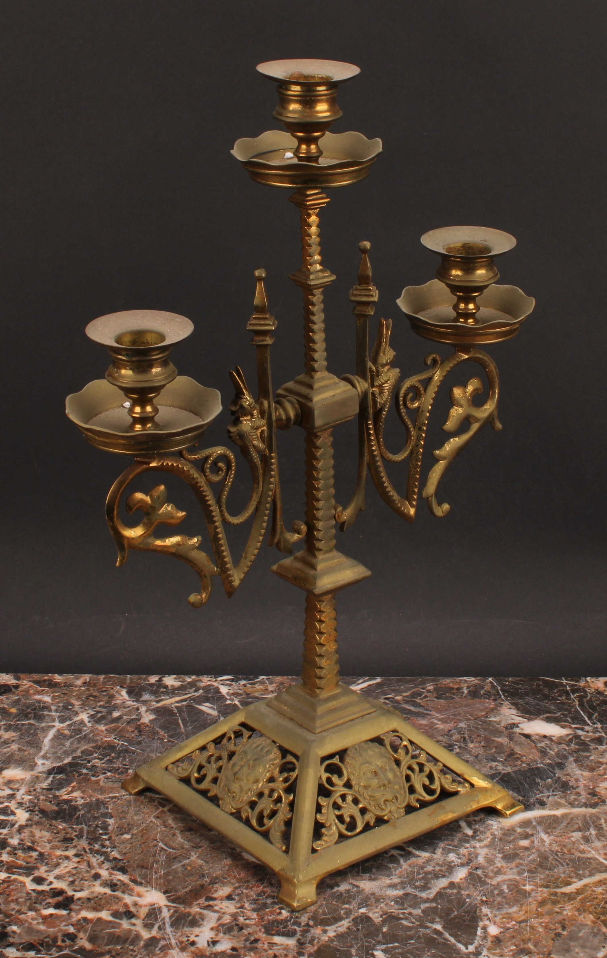 A 19th century gilt brass three-light candelabrum, pierced and cast with foliate masks, 37cm high, - Image 4 of 5