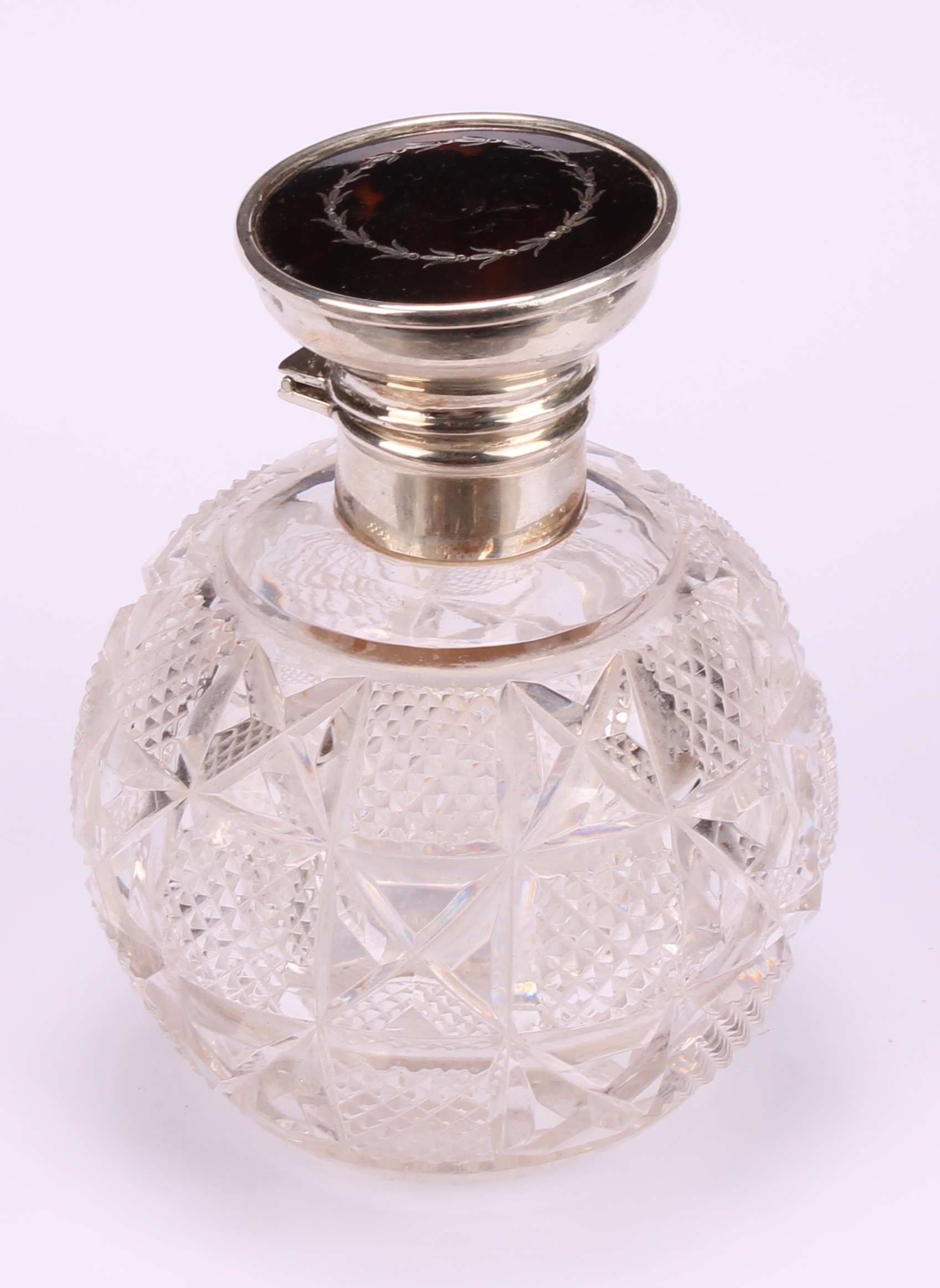A George V silver, tortoiseshell and pique globular scent bottle, hinged cover inlaid in the Neo- - Image 4 of 7