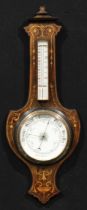 An Edwardian rosewood and marquetry shield-form wheel barometer, 18.5cm circular register, the