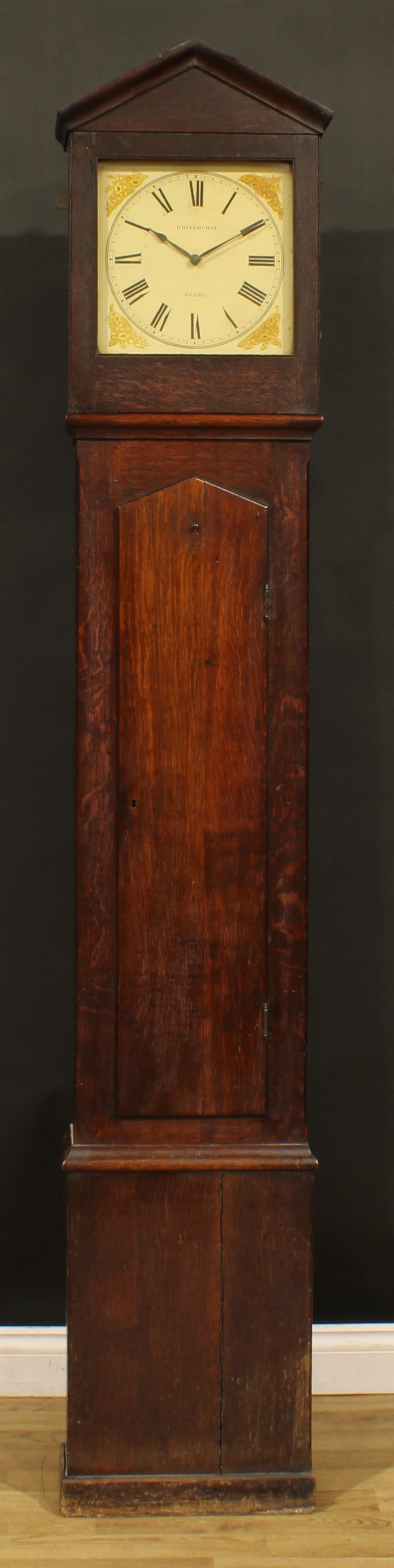 A mid-19th century Derbyshire oak servants’ hall longcase clock, 30.5cm square dial inscribed