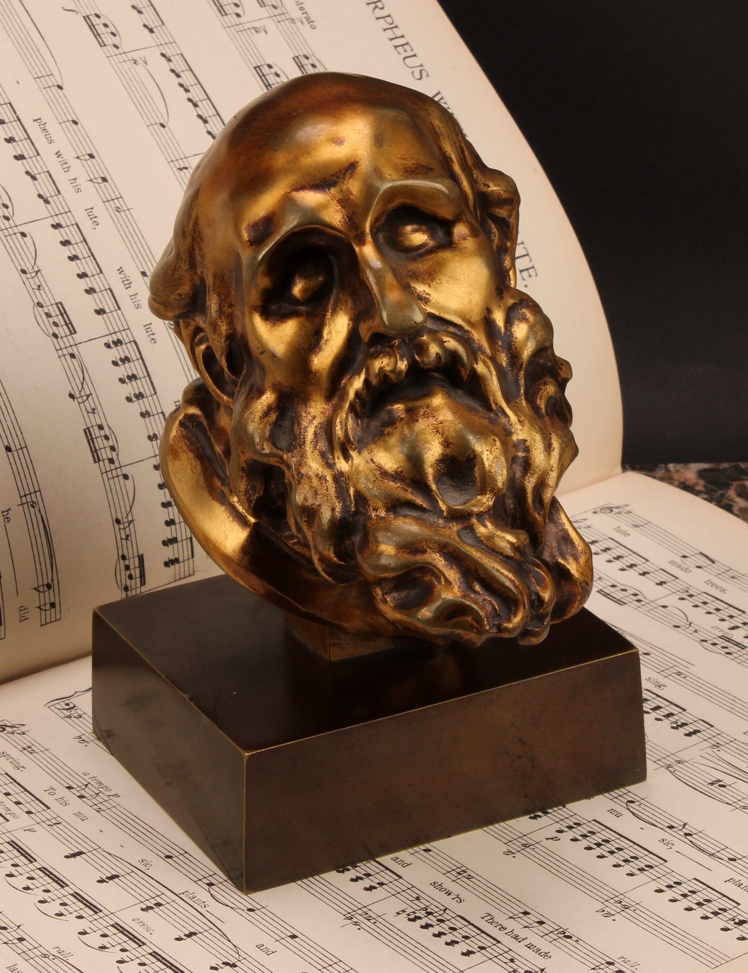 Continental School, a gilt bronze, head of a bearded saint, 20cm high overall