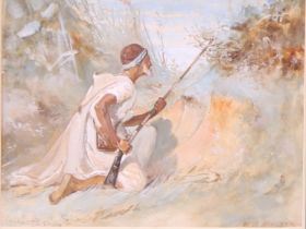 W.J. Morgan (19th century) Moorish Fighter with Jezail, signed and dated 1877, watercolour, 21cm x
