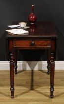 An early Victorian mahogany Pembroke table, rounded rectangular top with fall leaves above a